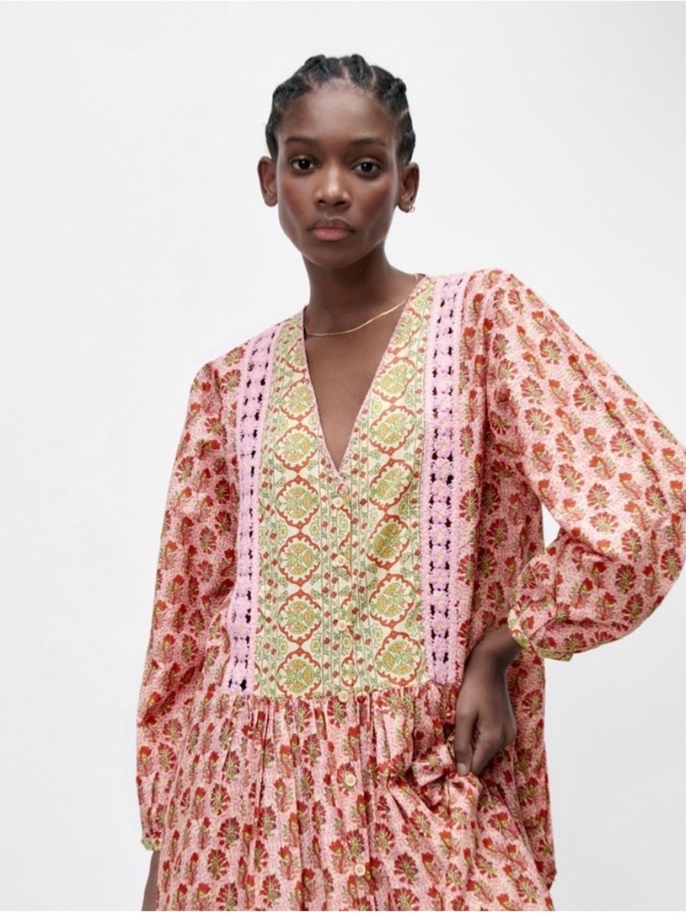 Zara Cream Floral Print Top with Pink & Green Accents